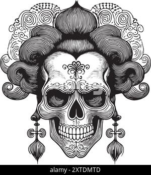 Illustration ethnique de crâne combinant calavera mexicaine et styles geisha japonais, avec des motifs floraux et filigranes détaillés Illustration de Vecteur