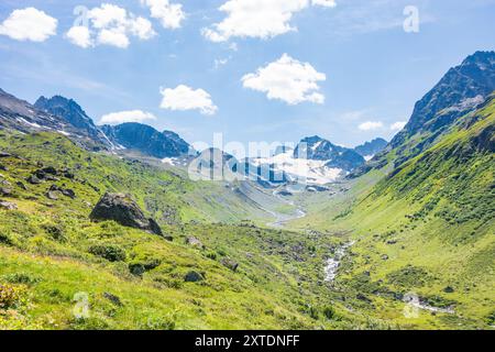 Silvretta Alpes : Jam Valley, ruisseau Jambach, glacier Jamtalferner, sommet Vordere Jamspitze à Paznaun - Ischgl, Tyrol, Autriche Banque D'Images