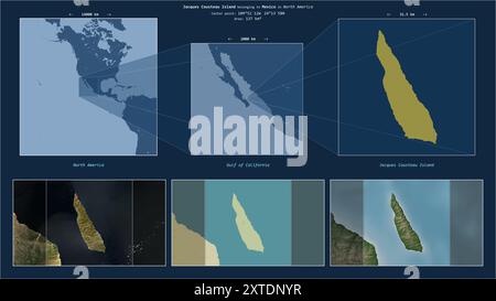 Île Jacques Cousteau dans le golfe de Californie - appartenant au Mexique. Description du diagramme de localisation avec la forme jaune de l'île et exemples de cartes de Banque D'Images