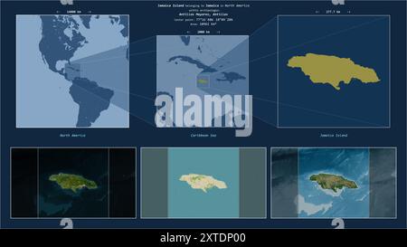 Île de Jamaïque dans la mer des Caraïbes - appartenant à la Jamaïque. Diagramme de localisation décrit avec la forme jaune de l'île et des cartes d'échantillon de son entourage Banque D'Images