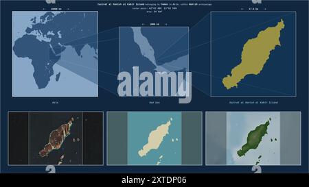 Île de Jazirat al Hanish al Kabir dans la mer Rouge - appartenant au Yémen. Diagramme de localisation décrit avec la forme jaune de l'île et des cartes d'échantillon de i Banque D'Images