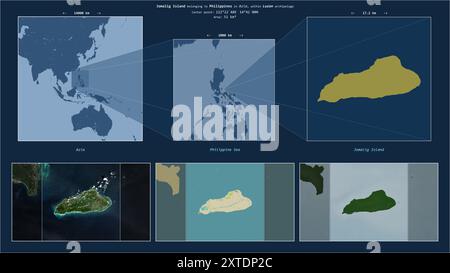 Île de Jomalig dans la mer des Philippines - appartenant aux Philippines. Décrit diagramme de localisation avec la forme jaune de l'île et des cartes d'échantillon de son sur Banque D'Images