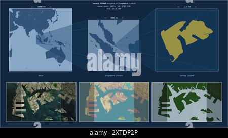Île de Jurong dans le détroit de Singapour - appartenant à Singapour. Diagramme de localisation décrit avec la forme jaune de l'île et des cartes d'échantillons de son surr Banque D'Images