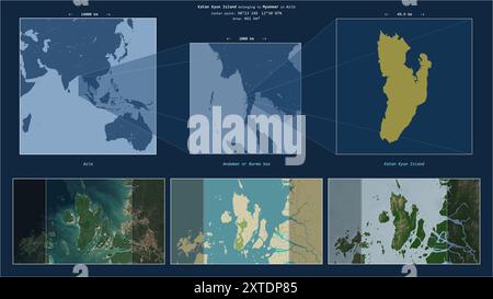 Katan Kyun île dans la mer d'Andaman ou de Birmanie - appartenant au Myanmar. Diagramme de localisation décrit avec la forme jaune de l'île et des cartes d'échantillon de celui-ci Banque D'Images