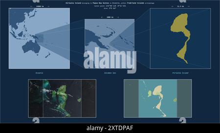 Île Kiriwina dans la mer de Salomon - appartenant à la Papouasie-Nouvelle-Guinée. Diagramme de localisation décrit avec la forme jaune de l'île et des cartes d'échantillon de son Banque D'Images