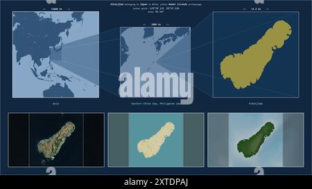 Kikaijima dans la mer des Philippines - appartenant au Japon. Diagramme de localisation décrit avec la forme jaune de l'île et échantillons de cartes de ses environs Banque D'Images