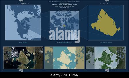 King William Island dans les passages du Nord-Ouest - appartenant au Canada. Diagramme de localisation décrit avec la forme jaune de l'île et des exemples de cartes Banque D'Images