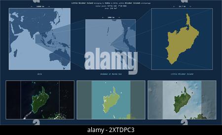 Petite île Nicobar dans la mer d'Andaman ou de Birmanie - appartenant à l'Inde. Description du diagramme de localisation avec la forme jaune de l'île et exemples de cartes de Banque D'Images