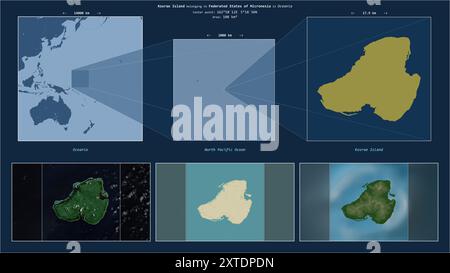 Île de Kosrae dans l'océan Pacifique Nord - appartenant aux États fédérés de Micronésie. Schéma d'emplacement décrit avec la forme jaune de l'île et Banque D'Images