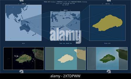 Pulau Leti dans la mer de Timor - appartenant à l'Indonésie. Diagramme de localisation décrit avec la forme jaune de l'île et échantillons de cartes de ses environs Banque D'Images