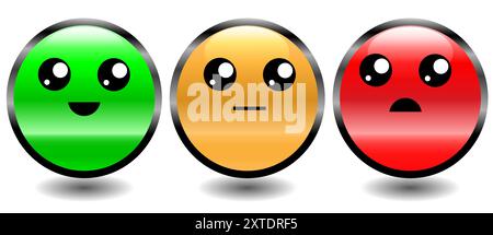 Vert, orange et rouge ou boutons de système de revue avec de jolis visages de dessins animés Illustration de Vecteur
