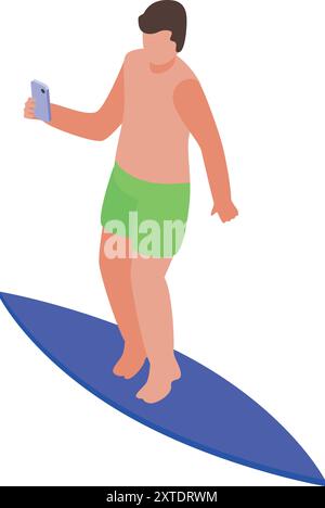 Jeune surfeur prend un selfie tout en équilibrant sur sa planche de surf Illustration de Vecteur