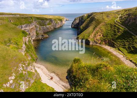 Découvrez le paysage captivant de Smoo Cave dans les Highlands, où les falaises de calcaire rencontrent des eaux sereines et une végétation luxuriante. Banque D'Images