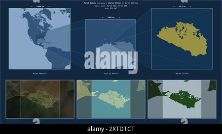 Île Marsh dans le golfe du Mexique - appartenant aux États-Unis. Décrit diagramme de localisation avec la forme jaune de l'île et des cartes d'échantillon de son sur Banque D'Images