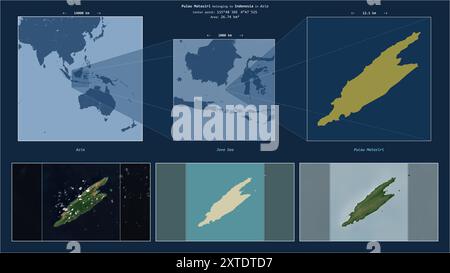 Pulau Matasiri dans la mer de Java - appartenant à l'Indonésie. Diagramme de localisation décrit avec la forme jaune de l'île et des échantillons de cartes de son environnement Banque D'Images