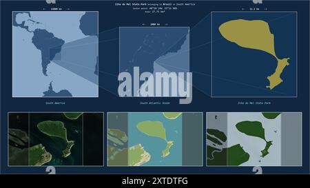 Parc d'État Ilha do Mel dans l'océan Atlantique Sud - appartenant au Brésil. Description du diagramme de localisation avec la forme jaune de l'île et des exemples de cartes o Banque D'Images