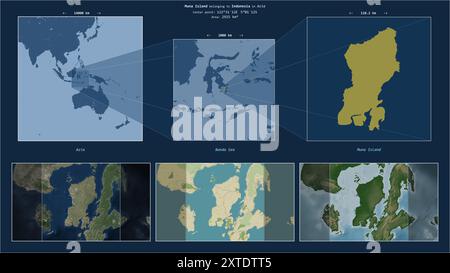Île de Muna dans la mer de Banda - appartenant à l'Indonésie. Diagramme de localisation décrit avec la forme jaune de l'île et échantillons de cartes de ses environs Banque D'Images