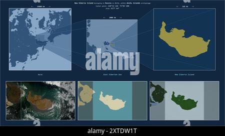 Nouvelle île de Sibérie dans la mer de Sibérie orientale - appartenant à la Russie. Diagramme de localisation décrit avec la forme jaune de l'île et des cartes d'échantillon de ses s. Banque D'Images