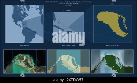 Île de Caïques du Nord dans l'océan Atlantique Nord - appartenant aux îles Turques et Caïques. Schéma d'emplacement décrit avec la forme jaune de l'îlot an Banque D'Images