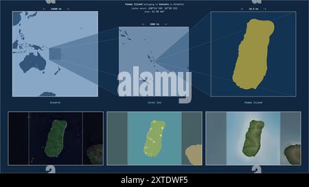 Île de Paama dans la mer de Corail - appartenant à Vanuatu. Diagramme de localisation décrit avec la forme jaune de l'île et échantillons de cartes de ses environs Banque D'Images