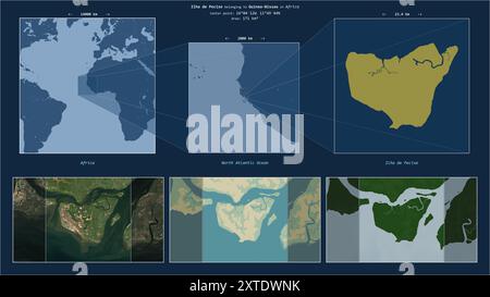 Ilha de Pecixe dans l'océan Atlantique Nord - appartenant à la Guinée-Bissau. Description du diagramme de localisation avec la forme jaune de l'île et exemples de cartes de Banque D'Images