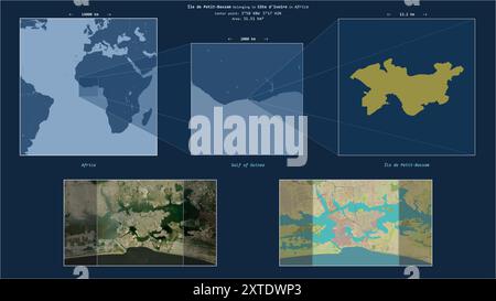 Ile de petit-Bassam dans le golfe de Guinée - appartenant à la Côte d'Ivoire. Description du diagramme de localisation avec la forme jaune de l'île et exemples de cartes de Banque D'Images