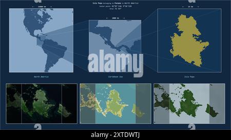 Isla Popa dans la mer des Caraïbes - appartenant au Panama. Diagramme de localisation décrit avec la forme jaune de l'île et échantillons de cartes de ses environs Banque D'Images