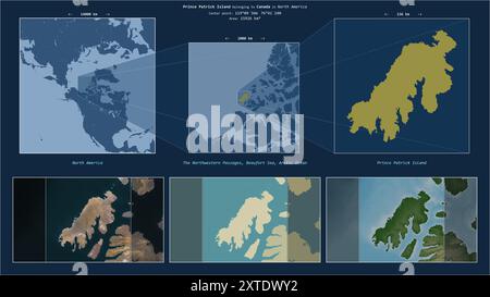 Île Prince Patrick dans la mer de Beaufort - appartenant au Canada. Décrit diagramme de localisation avec la forme jaune de l'île et des cartes d'échantillon de son sur Banque D'Images
