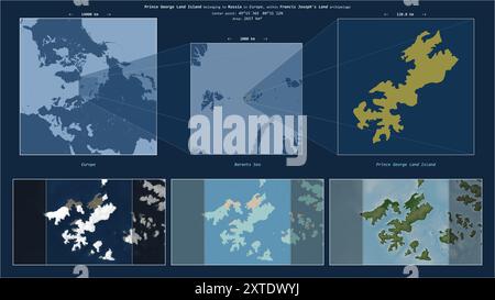 Prince George Land Island dans la mer de Barents - appartenant à la Russie. Diagramme de localisation décrit avec la forme jaune de l'île et des cartes d'échantillon de son Banque D'Images