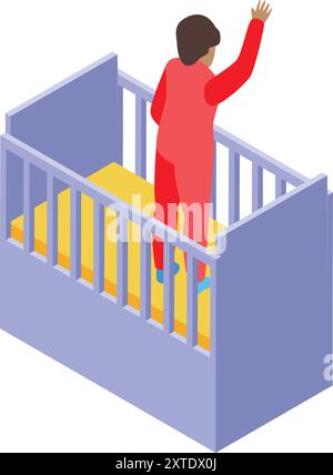 Bébé garçon portant un pyjama rouge est debout dans un berceau et agite sa main Illustration de Vecteur