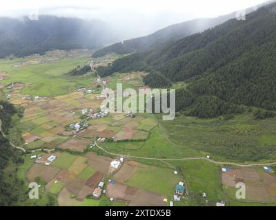 Vue du site RAMSAR de Gangtey-Phobji depuis Gangtey Goenpa, Wangdue Phodrang, Bhoutan Banque D'Images