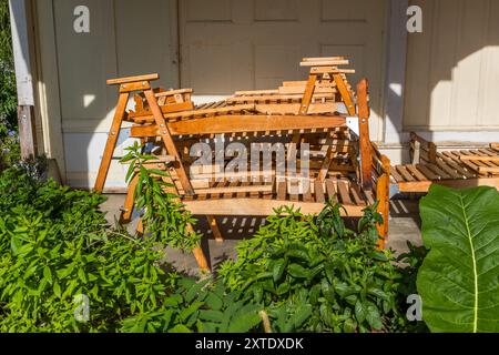 Des chaises longues en bois d'origine empilées pour la cure de repos s'appuient contre une porte d'abri à la Schatzalp à Davos, entourées de plantes de jardin. L'allongement sur de telles chaises longues était l'élément central du traitement de la tuberculose dans les sanatoriums suisses comme la Schatzalp entre environ 1870 et 1950. L'ancien sanatorium au-dessus de Davos est aujourd'hui un hôtel. Thomas-Mann-Weg, Davos, Grisons, Suisse. Banque D'Images
