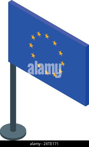 Drapeau bleu de l'union européenne avec douze étoiles dorées ondulant sur l'icône isométrique de mât de drapeau isolé sur fond blanc Illustration de Vecteur