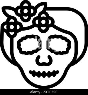 Icône d'art au trait d'un crâne de sucre portant une couronne de fleurs, célébrant le jour des morts Illustration de Vecteur