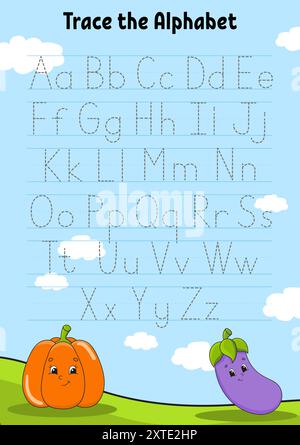 Écrire des lettres. Page de traçage. Fiche d'entraînement. Feuille de travail pour enfants. Apprenez l'alphabet. Personnage mignon. Dessin animé . Illustration vectorielle. Illustration de Vecteur
