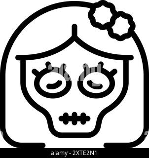 Illustration au trait d'un crâne de catrina avec des fleurs dans les cheveux, symbolisant le jour des morts Illustration de Vecteur