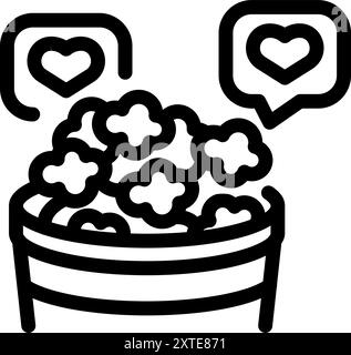 Icône de ligne d'un seau plein de pop-corn recevant deux coeurs dans des bulles de parole, représentant l'amour pour les films Illustration de Vecteur
