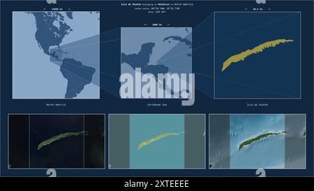 Isla de Roatan dans la mer des Caraïbes - appartenant au Honduras. Diagramme de localisation décrit avec la forme jaune de l'île et des cartes d'échantillon de son surroun Banque D'Images