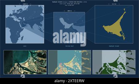 Île de Saadiyat dans le golfe Persique - appartenant aux Émirats Arabes Unis. Description du diagramme de localisation avec la forme jaune de l'île et exemples de cartes de Banque D'Images