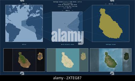 Île Santiago dans l'océan Atlantique Nord - appartenant au Cap Vert. Diagramme de localisation décrit avec la forme jaune de l'île et des cartes d'échantillon de i Banque D'Images