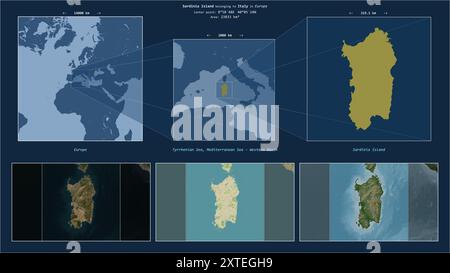 Île de Sardaigne dans la mer Tyrrhénienne - appartenant à l'Italie. Diagramme de localisation décrit avec la forme jaune de l'île et des cartes d'échantillon de son entourage Banque D'Images