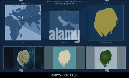 Île Sir Bani Yas dans le golfe Persique - appartenant aux Émirats Arabes Unis. Diagramme de localisation décrit avec la forme jaune de l'île et carte échantillon Banque D'Images