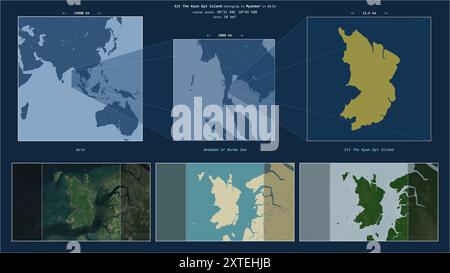 Asseyez-vous l'île Kyun Gyi dans la mer d'Andaman ou de Birmanie - appartenant au Myanmar. Diagramme de localisation décrit avec la forme jaune de l'île et des exemples de cartes Banque D'Images