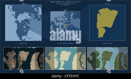 Île Somerset dans les passages du Nord-Ouest - appartenant au Canada. Description du diagramme de localisation avec la forme jaune de l'île et exemples de cartes de Banque D'Images