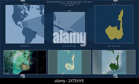 Île de Caïques du Sud dans l'océan Atlantique Nord - appartenant aux îles Turques et Caïques. Schéma d'emplacement décrit avec la forme jaune de l'îlot an Banque D'Images