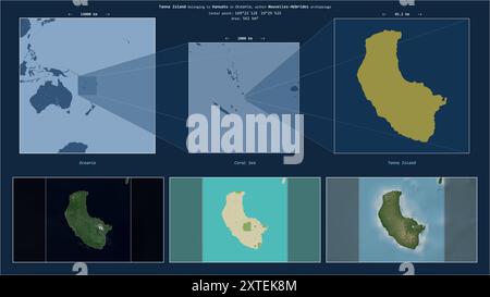 Île de Tanna dans la mer de Corail - appartenant à Vanuatu. Diagramme de localisation décrit avec la forme jaune de l'île et échantillons de cartes de ses environs Banque D'Images