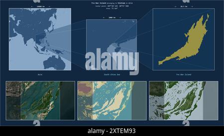 Île Tra Ban dans la mer de Chine méridionale - appartenant au Vietnam. Diagramme de localisation décrit avec la forme jaune de l'île et des cartes d'échantillon de son surrou Banque D'Images