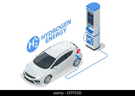 Voiture isométrique à énergie hydrogène. Énergie alternative et zéro émission. Transport alimenté par hydrogène. Énergie verte Illustration de Vecteur