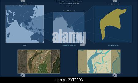 Île de YELE Kyun dans la mer d'Andaman ou de Birmanie - appartenant au Myanmar. Diagramme de localisation décrit avec la forme jaune de l'île et des cartes d'échantillon de son Banque D'Images