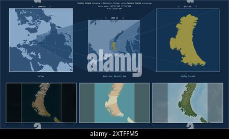 Île de Yuzhny dans la mer de Kara - appartenant à la Russie. Diagramme de localisation décrit avec la forme jaune de l'île et échantillons de cartes de ses environs Banque D'Images
